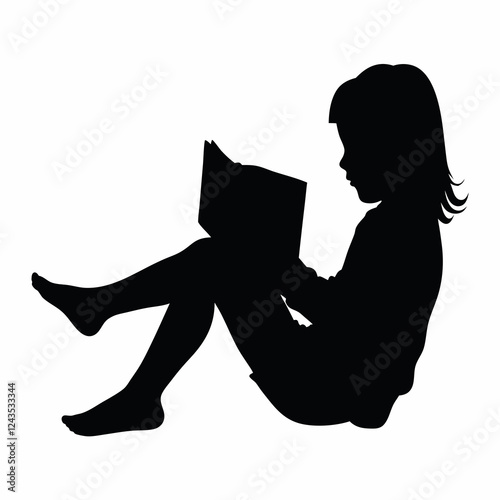 Girl reading a book black silhouette on white background