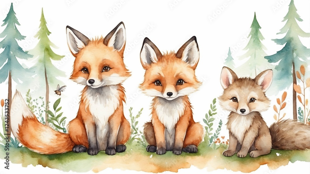 Fototapeta premium Three playful foxes sit together in a woodland setting surrounded by vibrant plants and trees