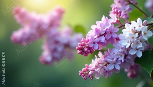 Violet and white lilac garland sways gently in wind, branches, flowers