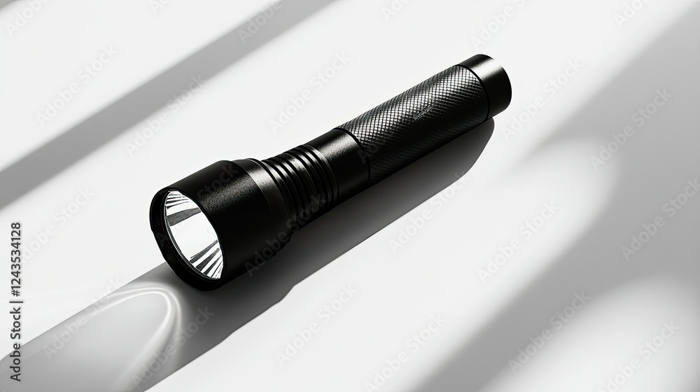 Classic Black Flashlight on White Surface with Soft Shadows Classic Black Flashlight on White Surface with Soft Shadows
