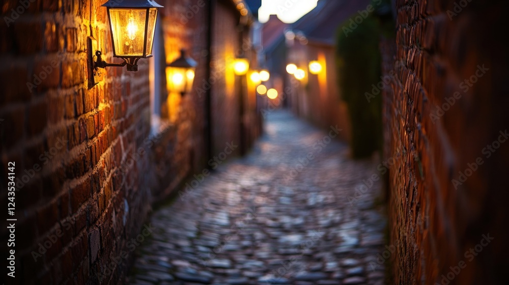 Fototapeta premium A serene cobblestone alley illuminated by vintage lanterns, evoking a charming, nostalgic atmosphere during twilight.