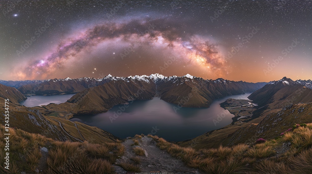 Obraz premium Milky Way arch over mountain lake at night