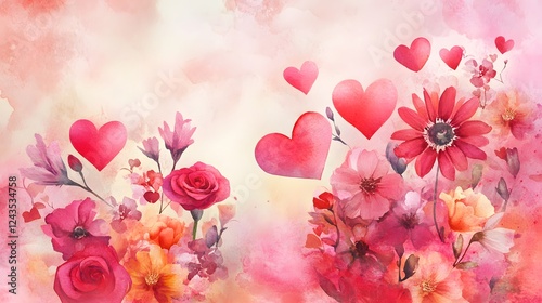 Romantic Watercolor Floral Hearts Design Valentines Day Wedding Love Flowers Roses Pink Red