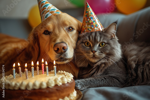 A Cat and Dog Laying Next to a Birthday Cake, Celebrating a Birthday at a Fun Party with Pals. Generative AI photo
