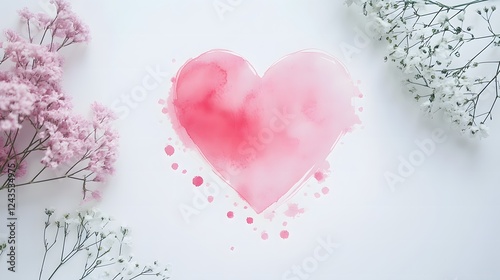 Watercolor Pink Heart with Delicate Pink and White Flowers Romantic Valentine s Day Design