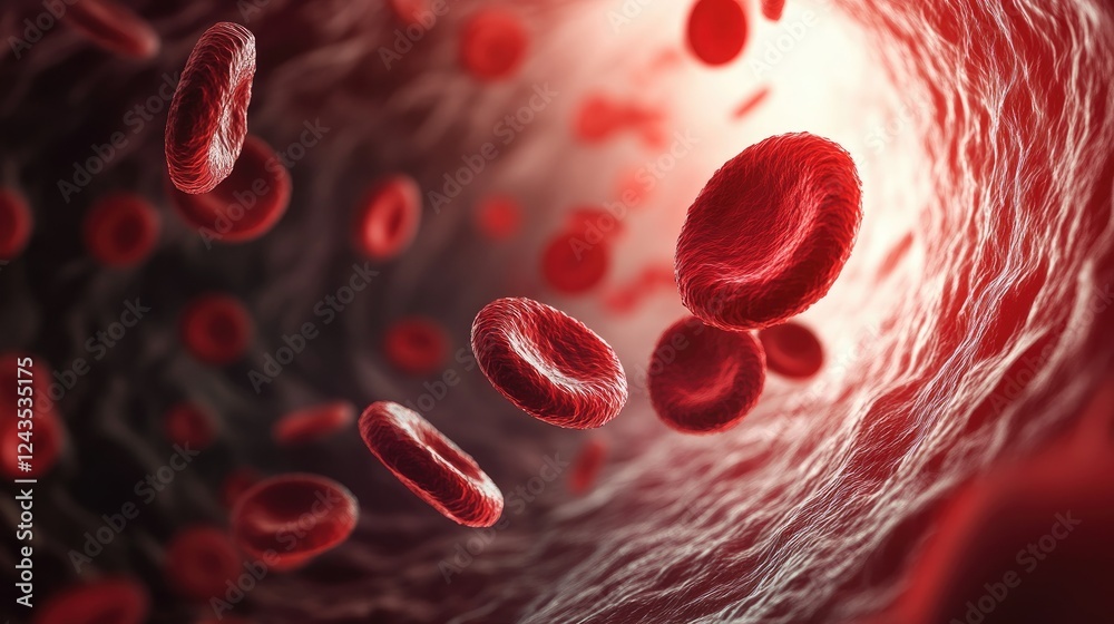 Fototapeta premium Red Blood Cells Flowing Through Capillaries in Human Circulation
