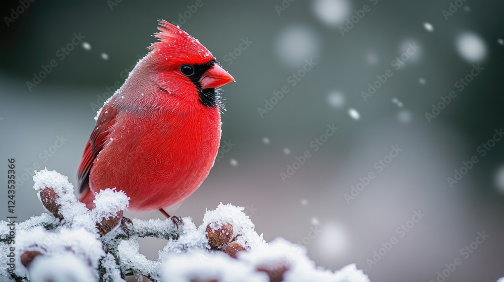 Vibrant red cardinal perched on snow-covered branches amidst falling snowflakes in winter Vibrant red cardinal perched on snow-covered branches amidst falling snowflakes in winter