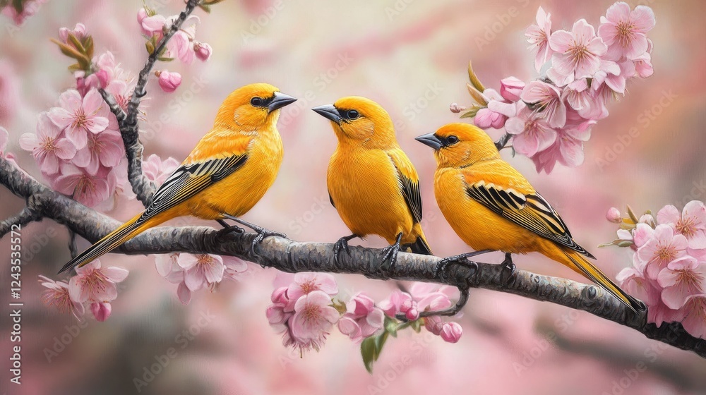 Three Vibrant Yellow Birds on Cherry Blossom Branch in Spring Three Vibrant Yellow Birds on Cherry Blossom Branch in Spring