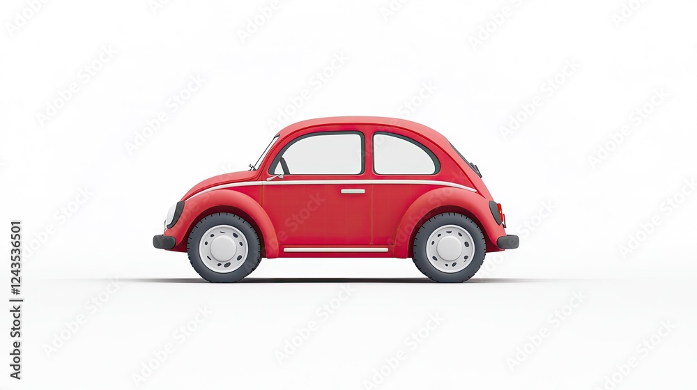 Classic red car in profile view against a plain white background, showcasing its design Classic red car in profile view against a plain white background, showcasing its design