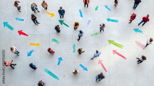 Large group of business people choosing different paths marked by colorful arrows, symbolizing decision making and the fear of better options