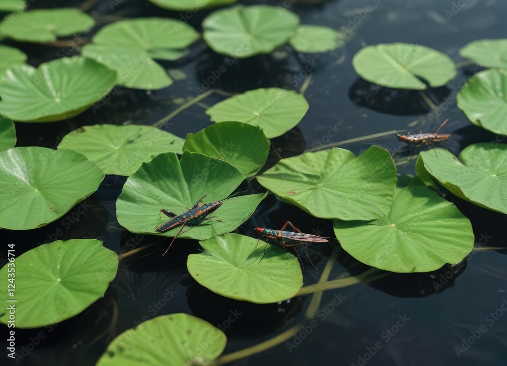 Water hyacinth leaf with a group of Shirakiacris shirakii grasshoppers resting on its surface, insect behavior, leaf insect Water hyacinth leaf with a group of Shirakiacris shirakii grasshoppers resting on its surface, insect behavior, leaf insect