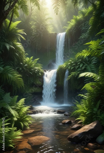 Waterfall in a sunlit jungle clearing with ferns , sunlight, ferns, waterfalls