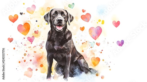 Adorable Black Labrador Retriever Dog Watercolor Painting with Hearts Romantic Pet Portrait