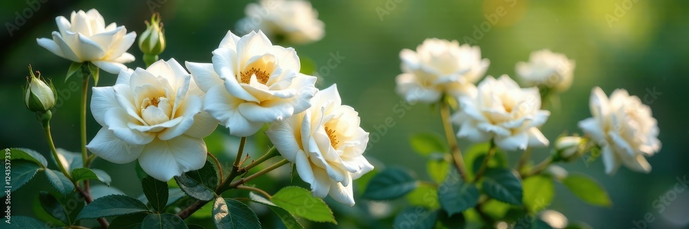 Dense cluster of snow-white rose blossoms on a thriving bush , garden, bloom Dense cluster of snow-white rose blossoms on a thriving bush , garden, bloom