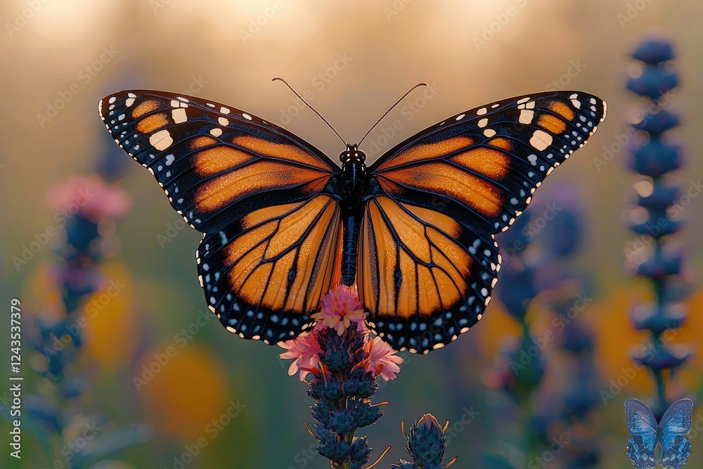 Fototapeta premium Monarch Butterfly Resting on Vibrant Flowers in Meadow