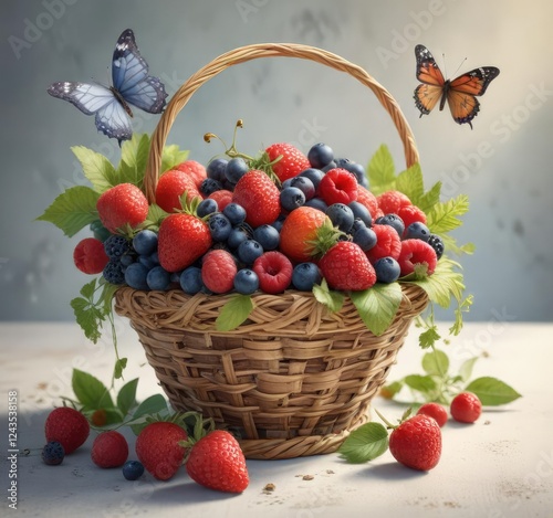 Whimsical watercolor image of a woven basket overflowing with fresh berries and a whimsical butterfly, vibrant colors, whimsy photo