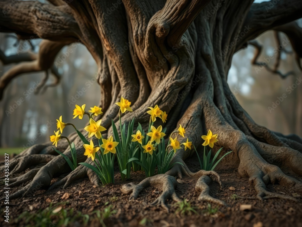 Whimsical yellow daffodils peeking out from beneath the roots of an ancient tree with gnarled branches and twisted trunk, nature, yellow flowers Whimsical yellow daffodils peeking out from beneath the roots of an ancient tree with gnarled branches and twisted trunk, nature, yellow flowers