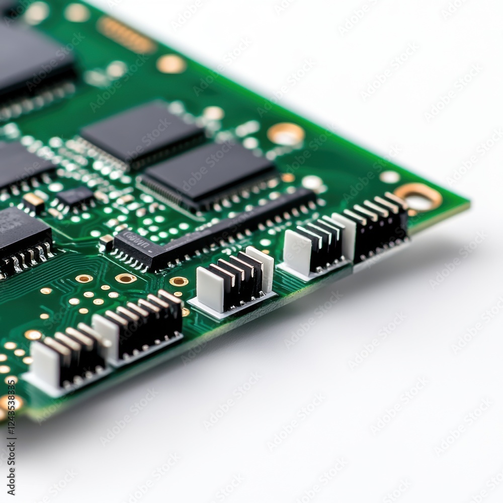 Close-Up View of Electronic Circuit Board with Microchips and Connectors on Green Background Close-Up View of Electronic Circuit Board with Microchips and Connectors on Green Background