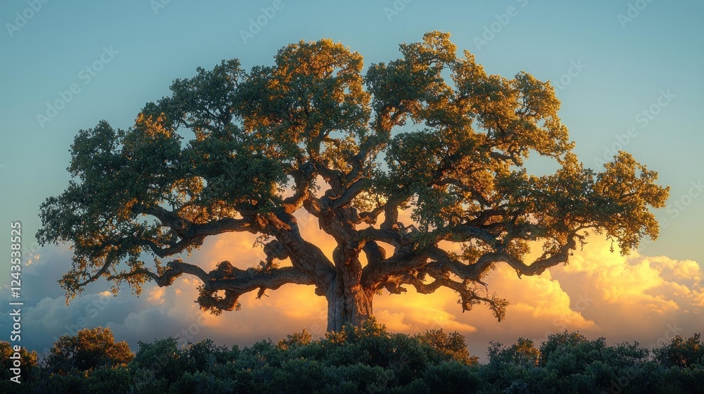 Majestic oak tree stands tall against a vibrant sunset, surrounded by lush greenery and soft clouds in the background Majestic oak tree stands tall against a vibrant sunset, surrounded by lush greenery and soft clouds in the background