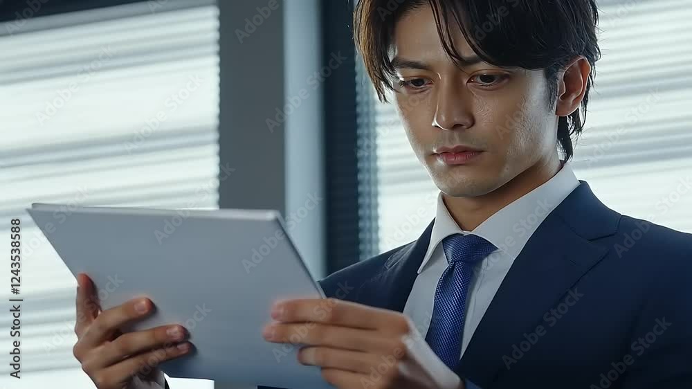 Serious businessman reviewing documents on tablet in modern office