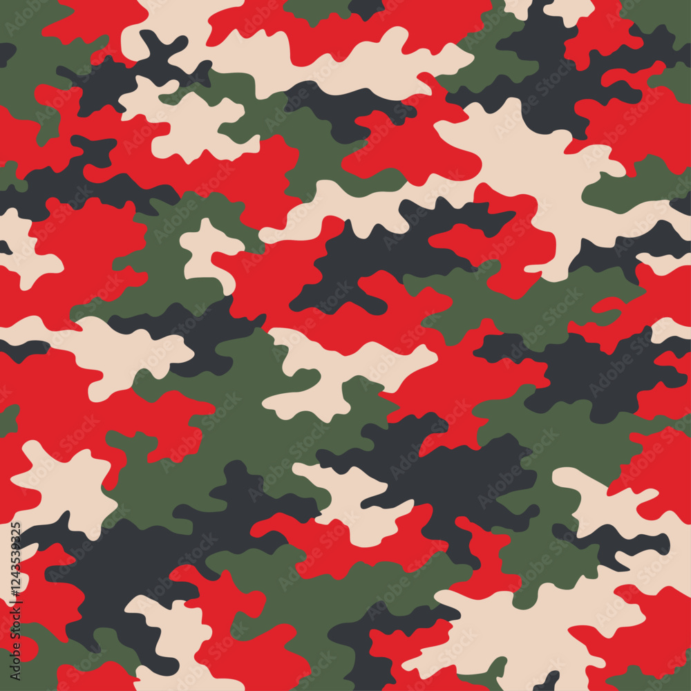 camuflado militar color verde con rojo y beige
