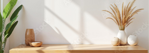 Minimalist decor with vases and plants on wooden table