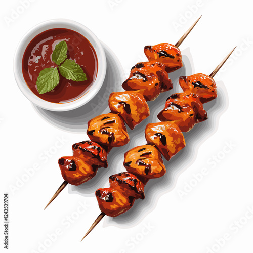 Tandoori Chicken Skewers with Green Chutney Illustration
