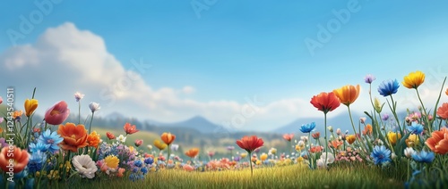 Blooming Spring Flowers Scenic Meadow Nature Photography Vibrant Landscape Wide Angle Colorful Serenity