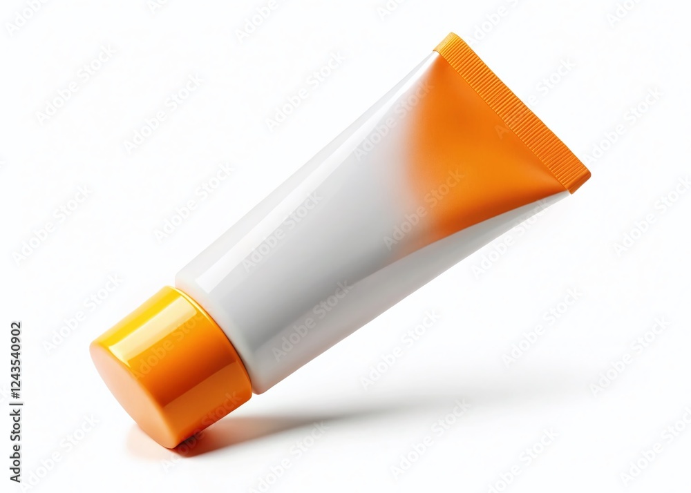 Macro Close-up of White Sunscreen Tube with Orange Cap - Isolated on White Background Macro Close-up of White Sunscreen Tube with Orange Cap - Isolated on White Background