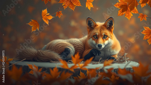 autumn banner with red fox vulpes and branches with golden maple leaves in a fantasy forest - AI generated photo