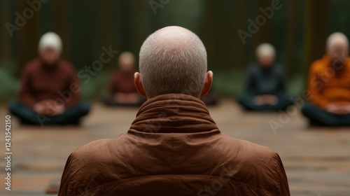 A serene meditation scene featuring individuals sitting in a tranquil forest, focusing inwardly, creating a peaceful atmosphere. photo