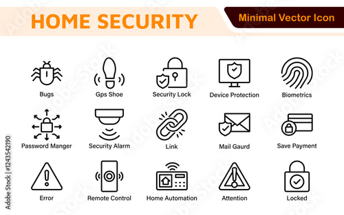 Home Security Icon Set. A comprehensive collection of icons focused on safety and protection, perfect for enhancing security apps, websites, and marketing materials aimed at home safety solutions.