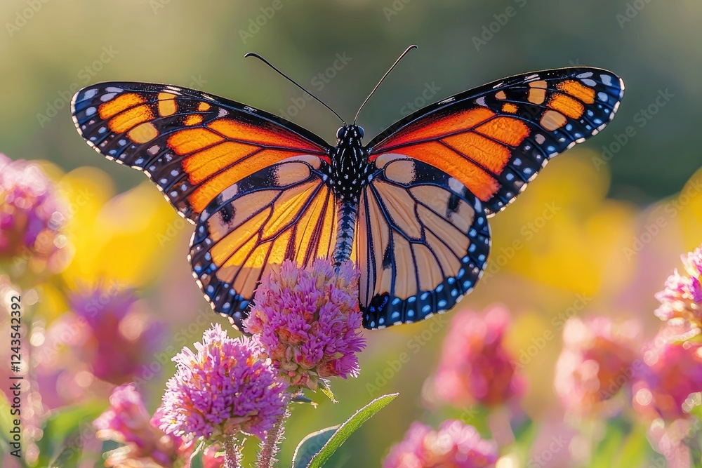Fototapeta premium Monarch Butterfly Resting on Vibrant Pink Flowers
