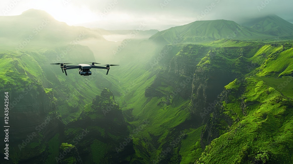 Fototapeta premium drone flying over lush green landscape with mountains and valleys, showcasing beauty of nature and technology in harmony