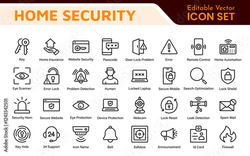 Home Security Icon Set. A comprehensive collection of icons focused on safety and protection, perfect for enhancing security apps, websites, and marketing materials aimed at home safety solutions.