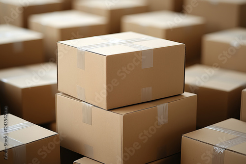 Boxes Stacked on Top of Each Other in a Room for Supply Chain Economics and Parcel Delivery with Full Pallet Image and Integrated Packaging Details. Generative AI photo