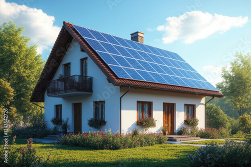 A country cottage with solar panels on the roof, grass and flowers around the lawn, a sunny day in a country house, electrification of a private house