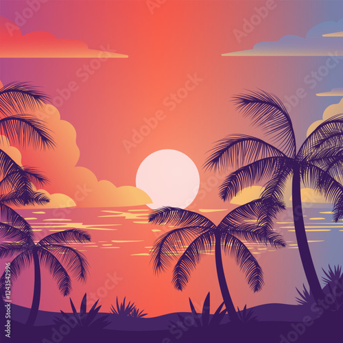 Sunset tropical beach with palm trees and sea