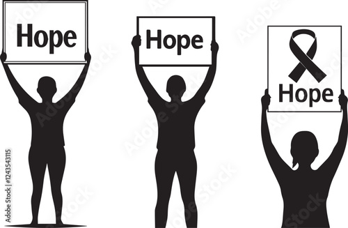 Silhouette of a person standing holding up a sign with the words "Hope" and a cancer ribbon vector silhouette