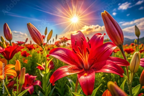 Macro Photography: Red Lilium Dahuricum & Pensylvanicum Lilies in a Meadow photo