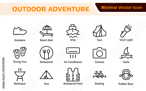 Adventure Icon Set. An exciting collection of icons that captures the spirit of exploration, perfect for travel apps, outdoor websites, and promotional materials for adventure and thrill-seeking.