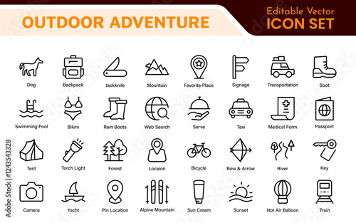 Adventure Icon Set. An exciting collection of icons that captures the spirit of exploration, perfect for travel apps, outdoor websites, and promotional materials for adventure and thrill-seeking.