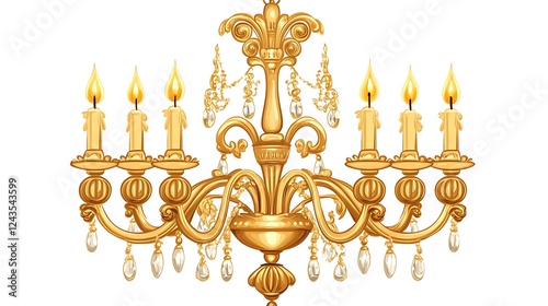 Golden chandelier with candles, flat style illustration, high level of detail, white background 