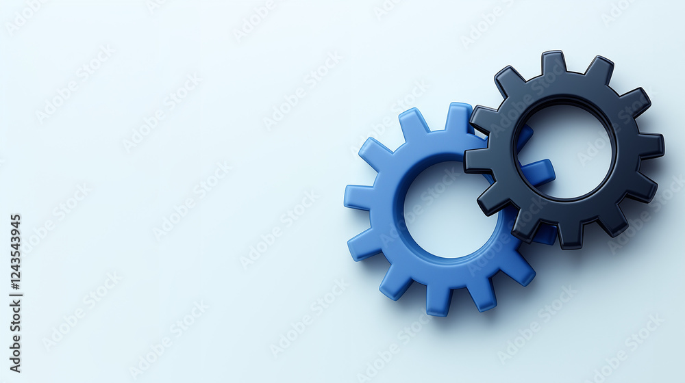 Two interlocking gears in blue and black on light background Two interlocking gears in blue and black on light background