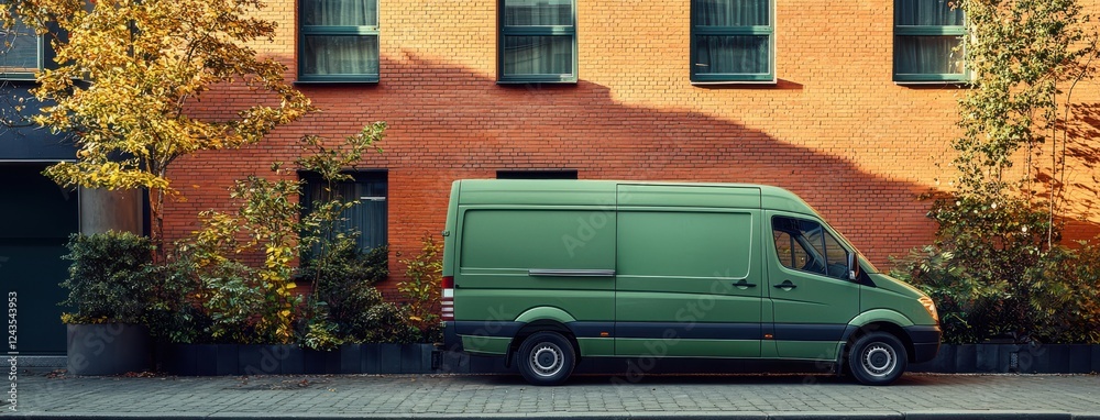 Obraz premium green delivery van parked beside brick building, surrounded by trees and plants, showcasing sustainable urban environment