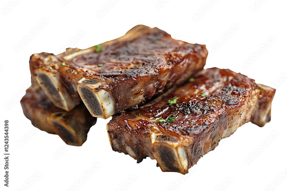PNG cut out isolated background. A stack of delicious grilled barbecue ribs with a caramelized, smoky glaze and garnished with fresh herbs. PNG cut out isolated background. A stack of delicious grilled barbecue ribs with a caramelized, smoky glaze and garnished with fresh herbs.