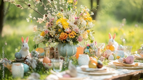 Spring meadow picnic setup featuring colorful decorations and festive treats for a delightful outdoor gathering