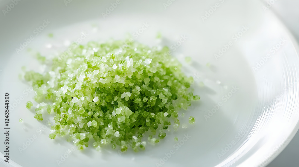 A fine green sea salt placed gently on a pristine white plate, with focus on the salt’s vibrant green tone and granular texture. A fine green sea salt placed gently on a pristine white plate, with focus on the salt’s vibrant green tone and granular texture.