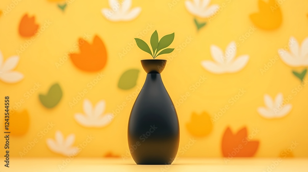 Obraz premium Dark Vase With Plant On Bright Yellow Flower Background
