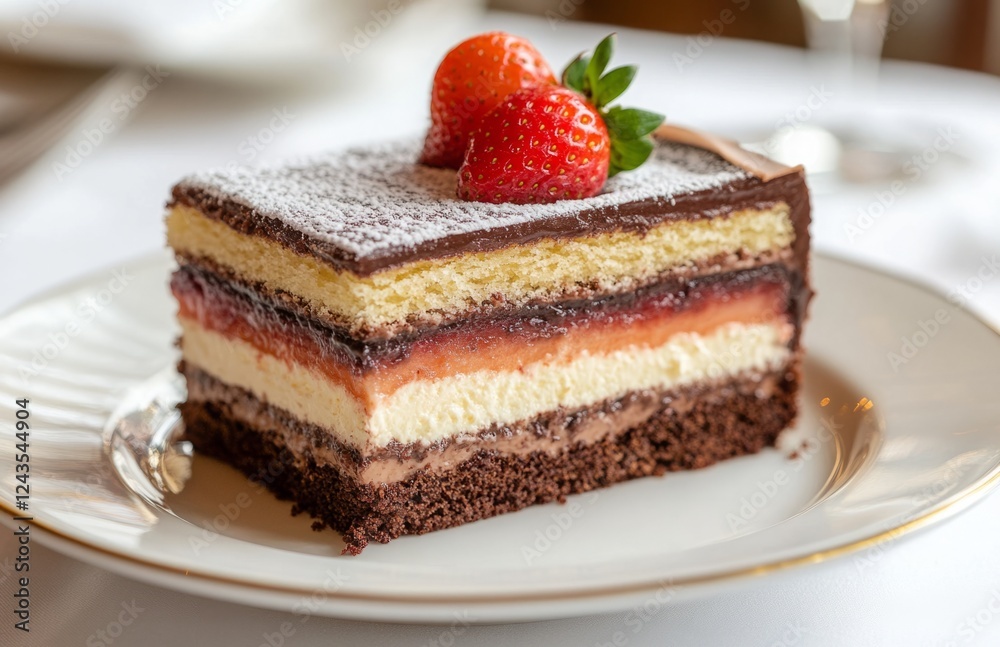 Delicate French layered cake slice with chocolate and strawberry on white plate Delicate French layered cake slice with chocolate and strawberry on white plate